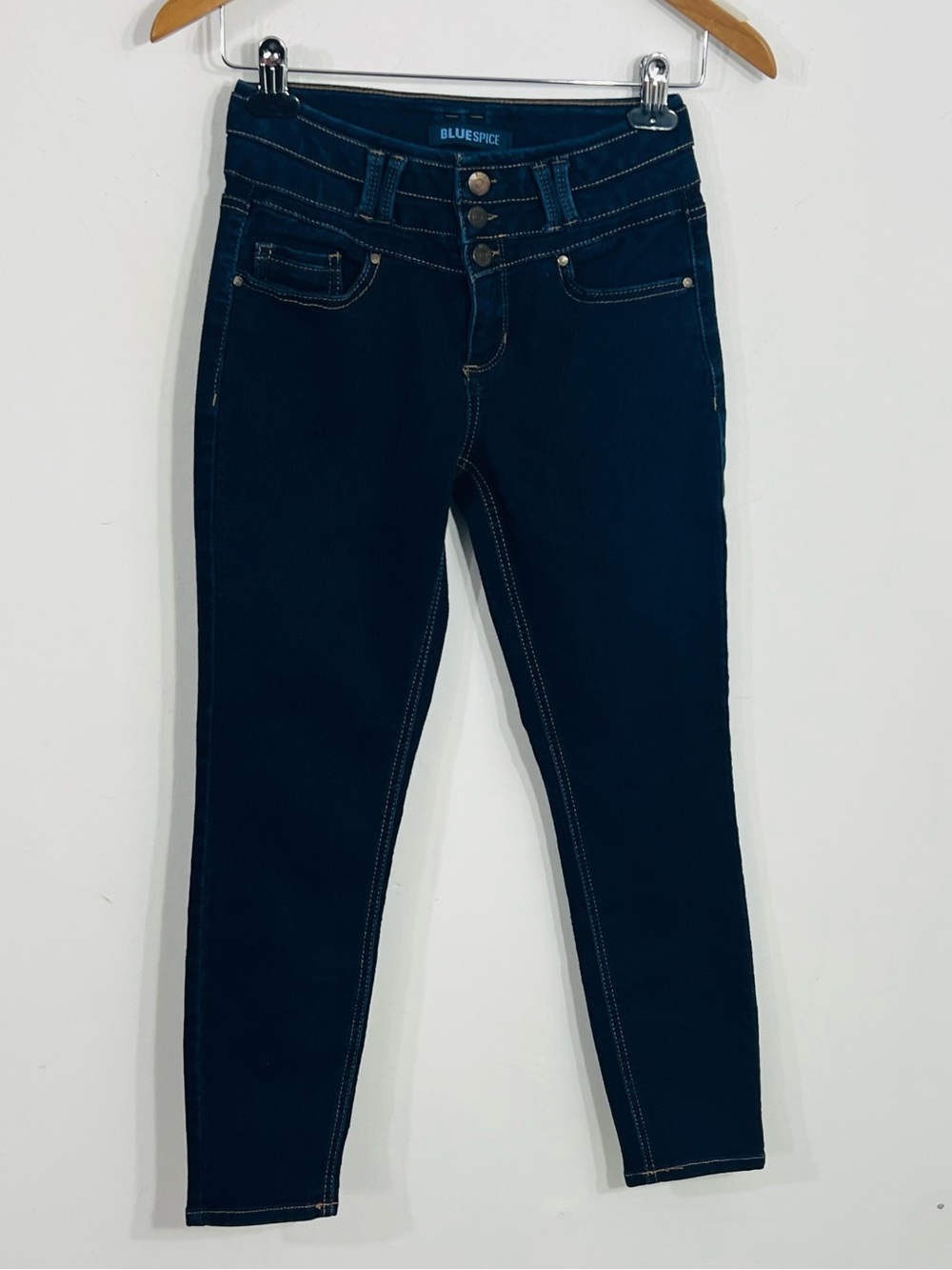 Blue Spice Size 7 Triple Button Mid Rise Dark Blue Classic 5 Pocket Denim Jeans